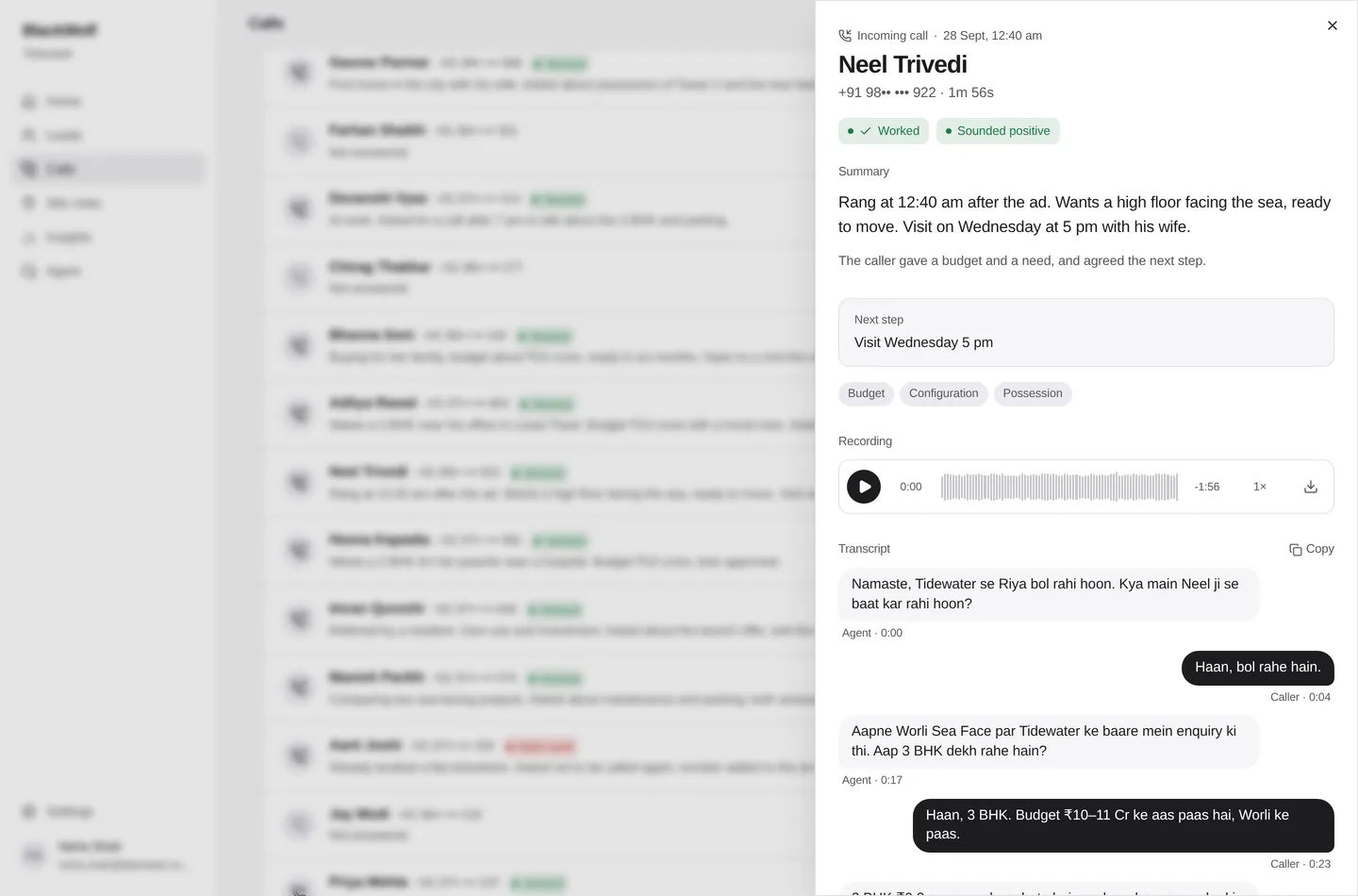 One call opened: whether it worked, how the caller sounded, a summary, the next step, the recording and the transcript as spoken. Sample data.