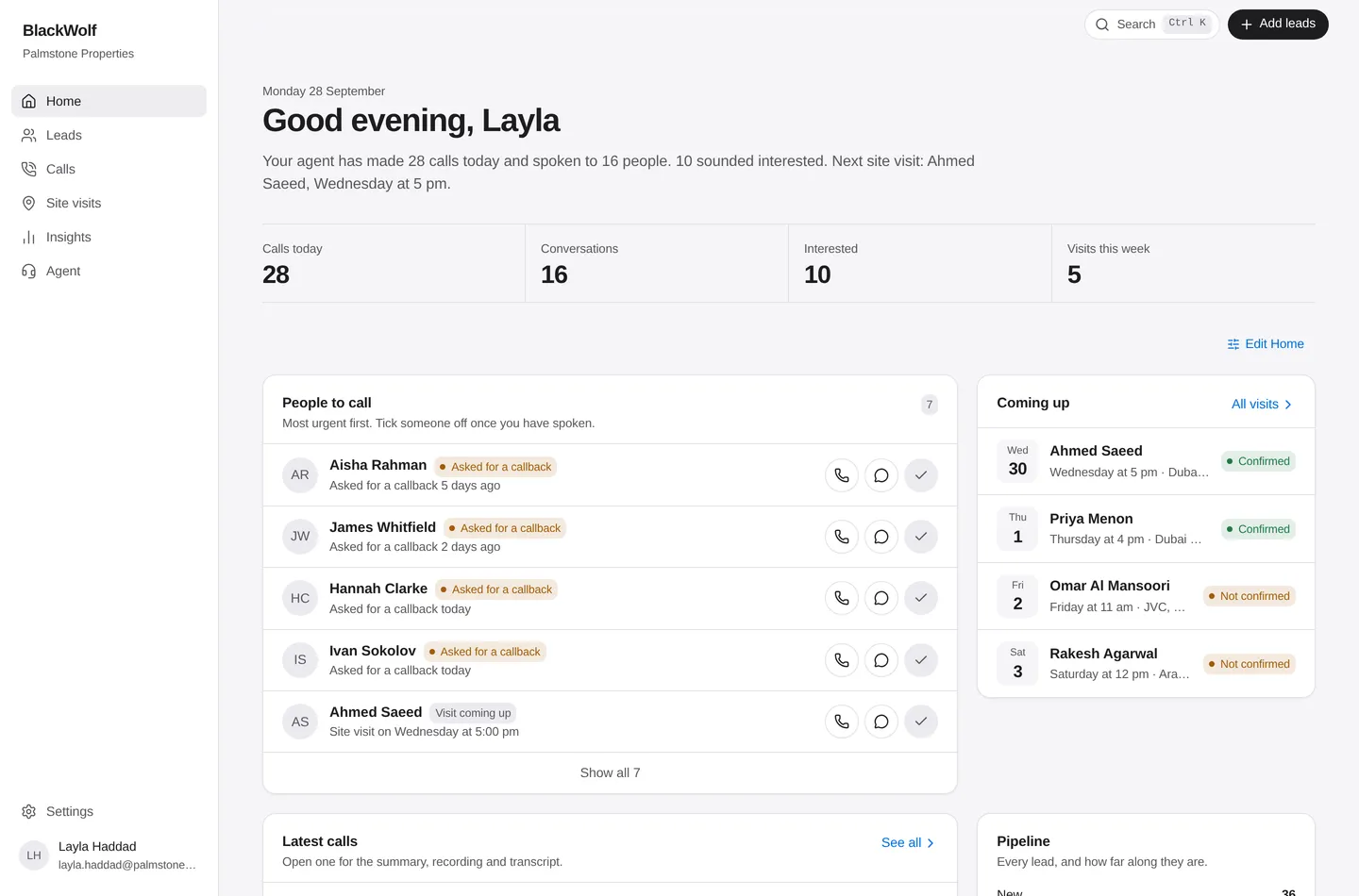 The dashboard’s Home screen: a greeting with the day so far, the day’s calls, who to call back, the viewings coming up, the latest calls and the pipeline. Sample data for a made-up agency in Dubai.
