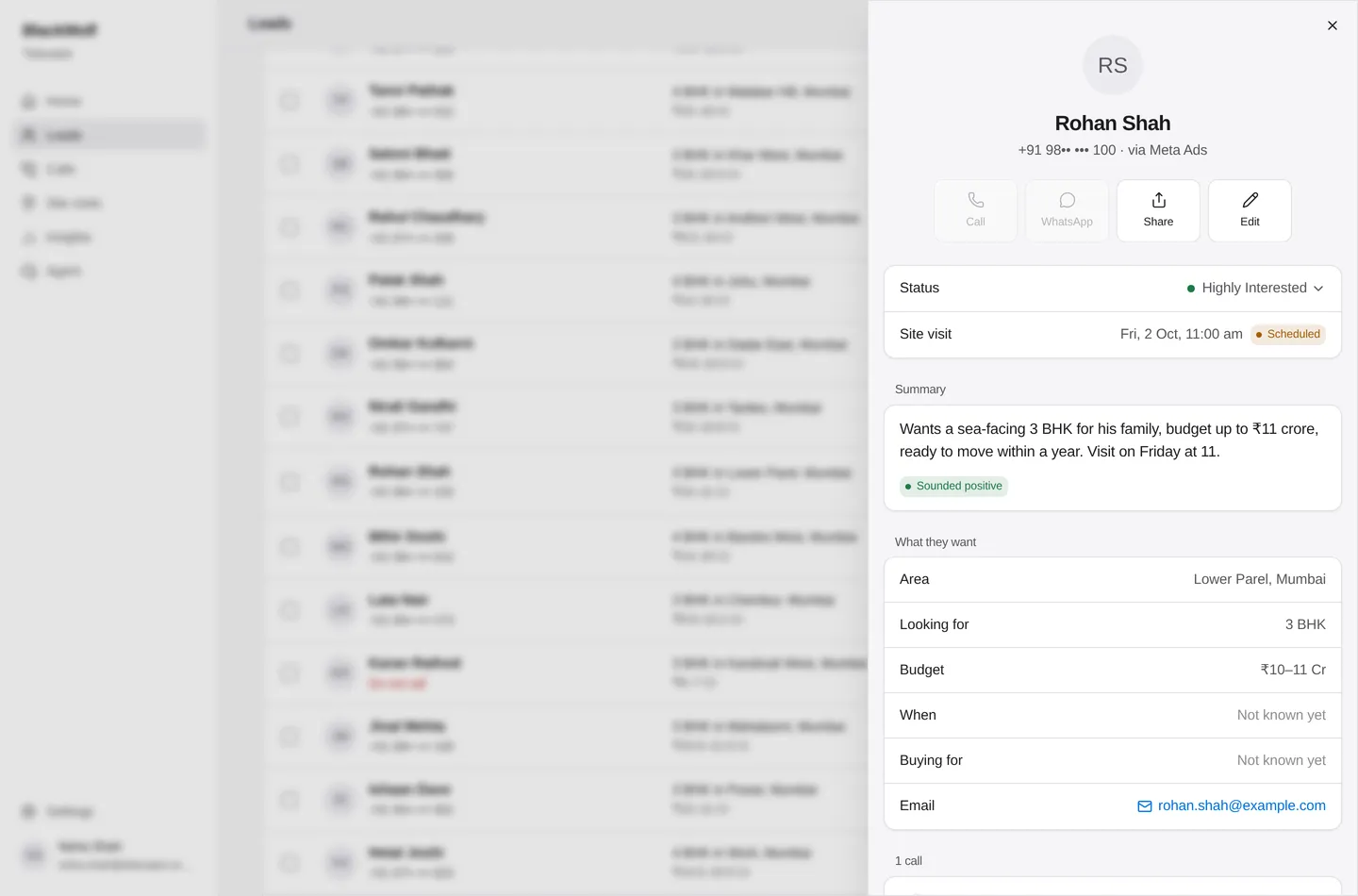 One lead’s card: call, WhatsApp, share and edit; status, site visit, a summary of what they said, what they want, and every call with them. Sample data.