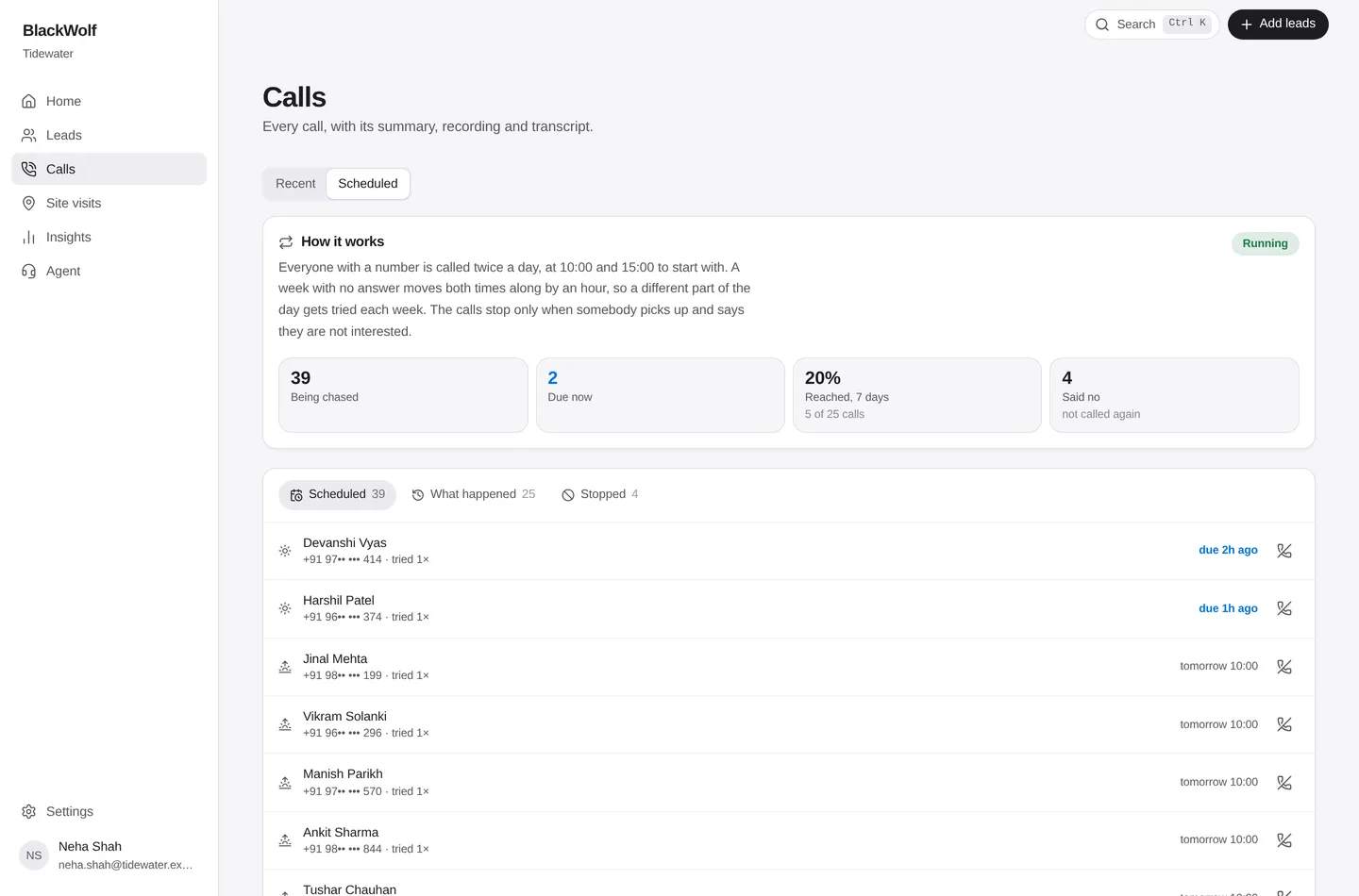 The follow-ups on the Calls screen: how the chase works, who is being called back and when, and how many were reached. Sample data.