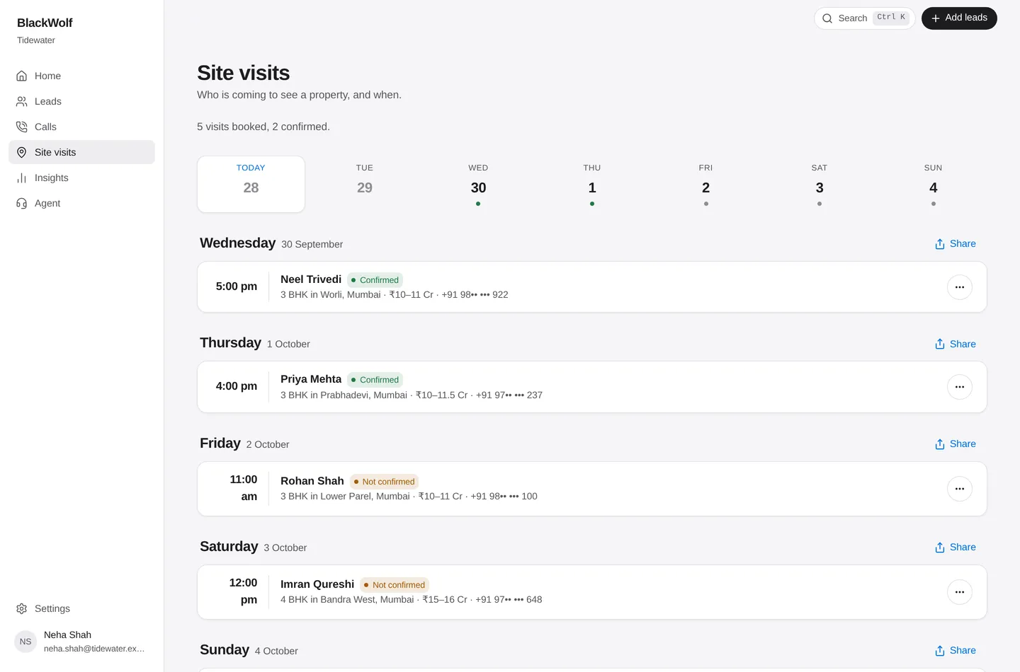 The Site visits screen: the week ahead, and each day’s visits with their time and whether they are confirmed. Sample data.